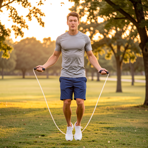 young man jumping rope outdoors in park on grass