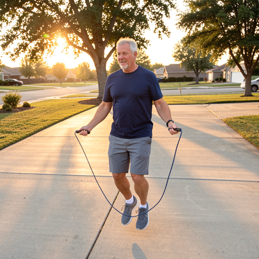 middle-aged man jumping rope on driveway